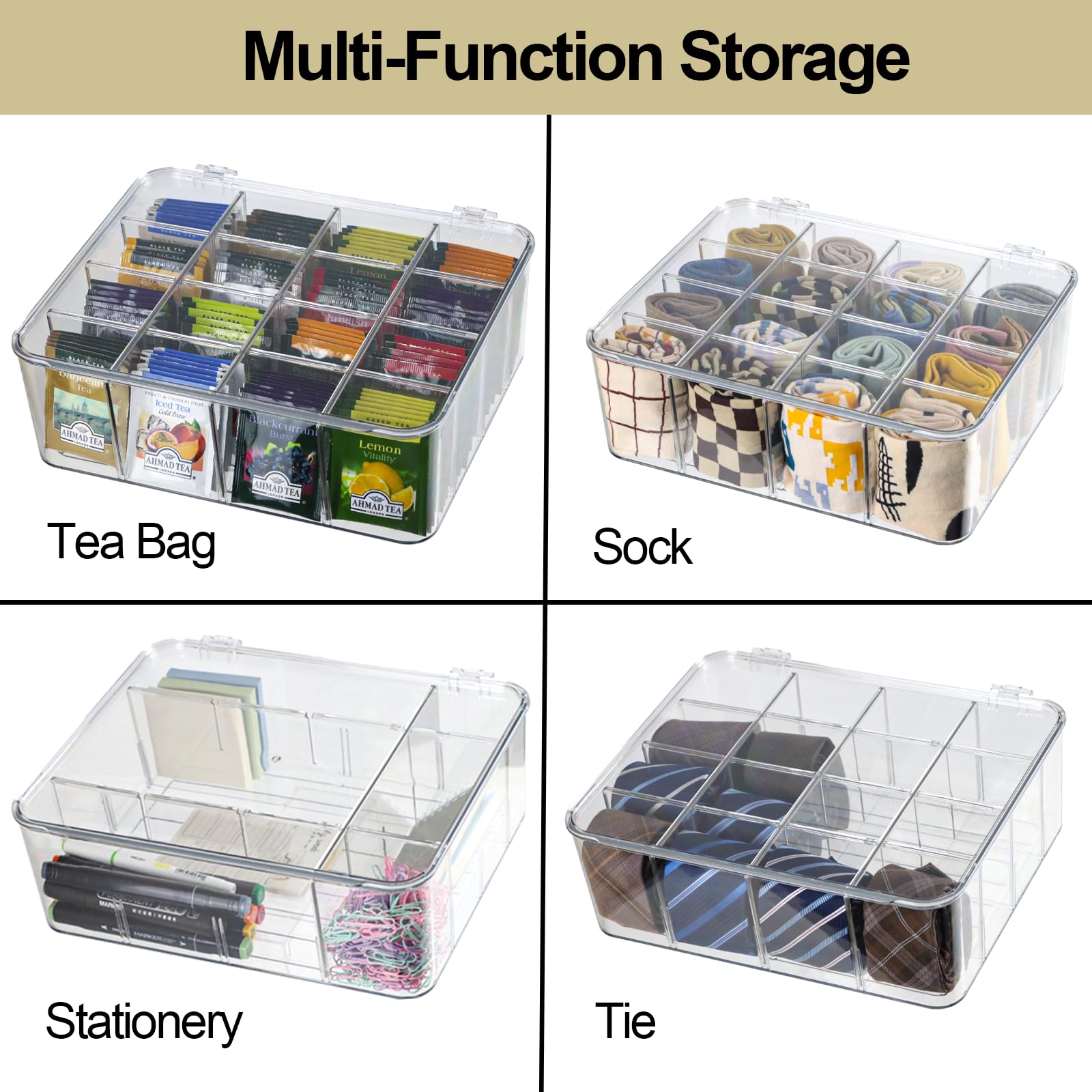 ZEXALOR Plastic Clear Storage Containers, Set of 2, Sock Organizer Divided Boxes with Lids, Underwear Drawer Organizer, Tie Organizer, Dresser Organizer (11.8×9.4×3.9")