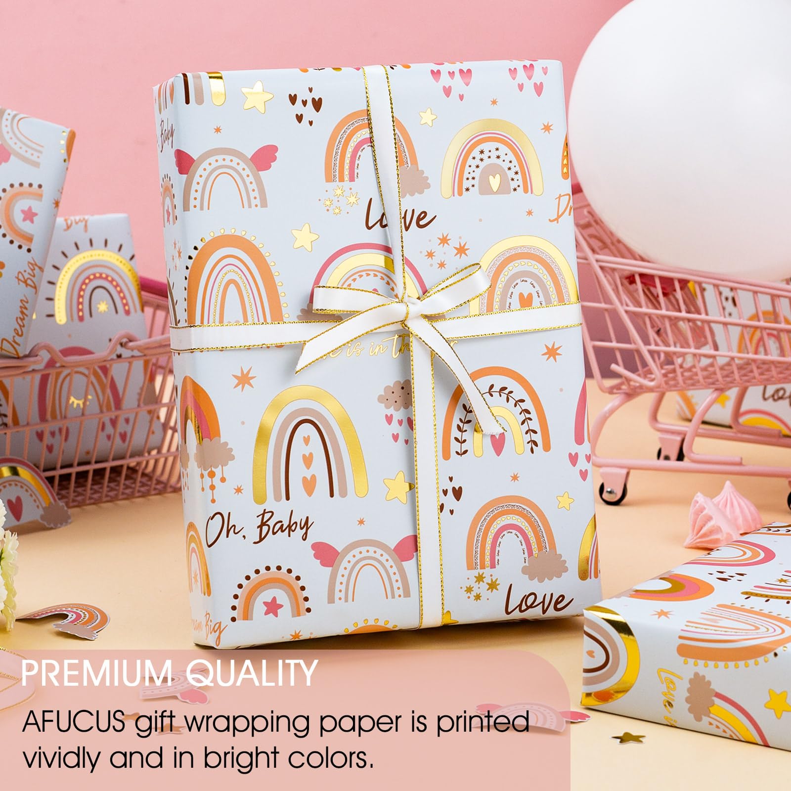 Afucus Boho Rainbow Wrapping Paper, Gold Foil Rainbow, Clouds, Hearts and Stars Themed Gift Wrap Paper, Cute Mini Rolls for Birthday, Baby Shower, Boy, Girl, Kids (17 Inch X 33 Feet)