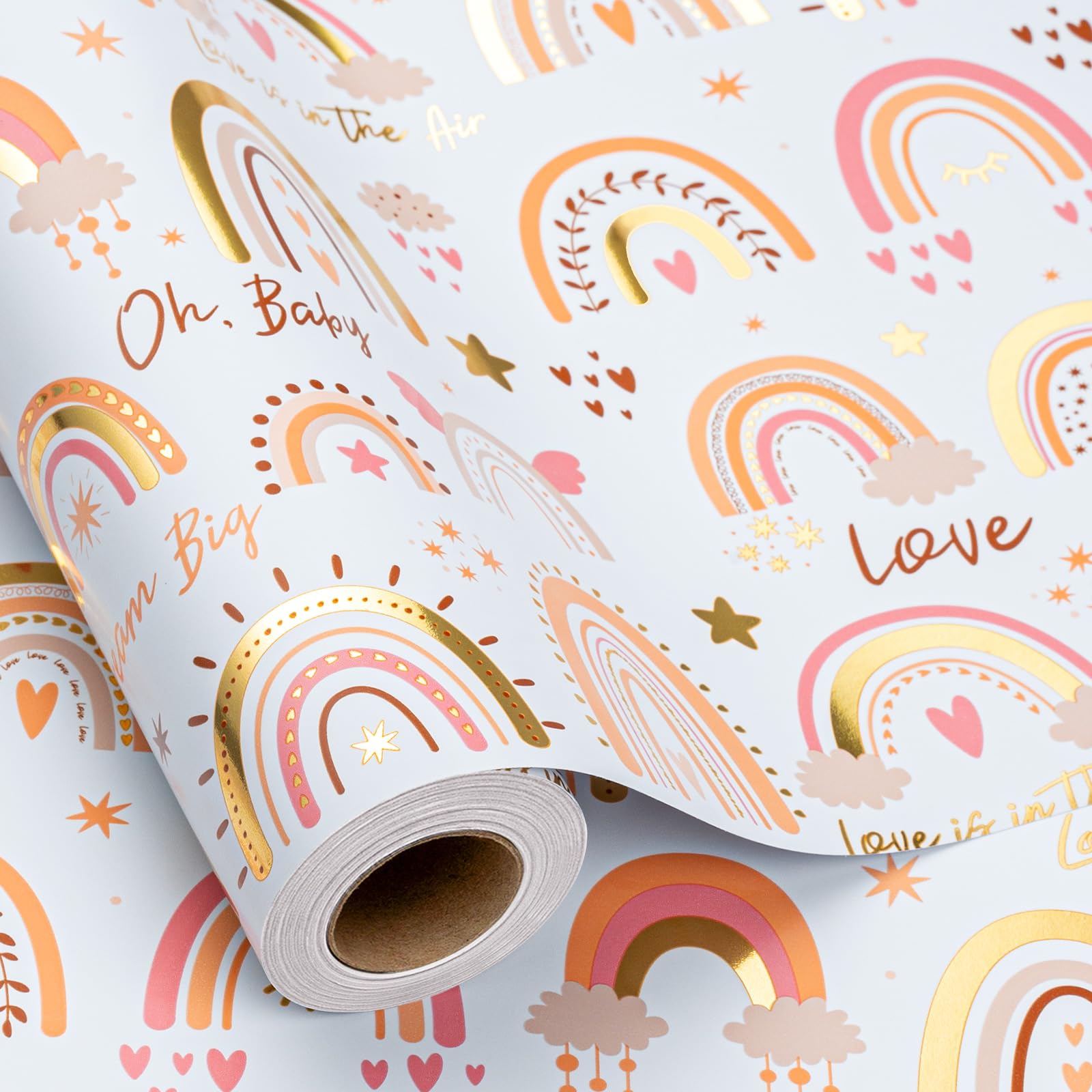 Afucus Boho Rainbow Wrapping Paper, Gold Foil Rainbow, Clouds, Hearts and Stars Themed Gift Wrap Paper, Cute Mini Rolls for Birthday, Baby Shower, Boy, Girl, Kids (17 Inch X 33 Feet)