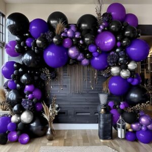 Purple Black Silver Balloon Garland - Double Stuffed Dark Purple Black Balloons Metallic Purple Silver Balloons Lavender Lilac Balloon Arch Kit for Birthday Baby Shower Anniversary Wedding Party Decor