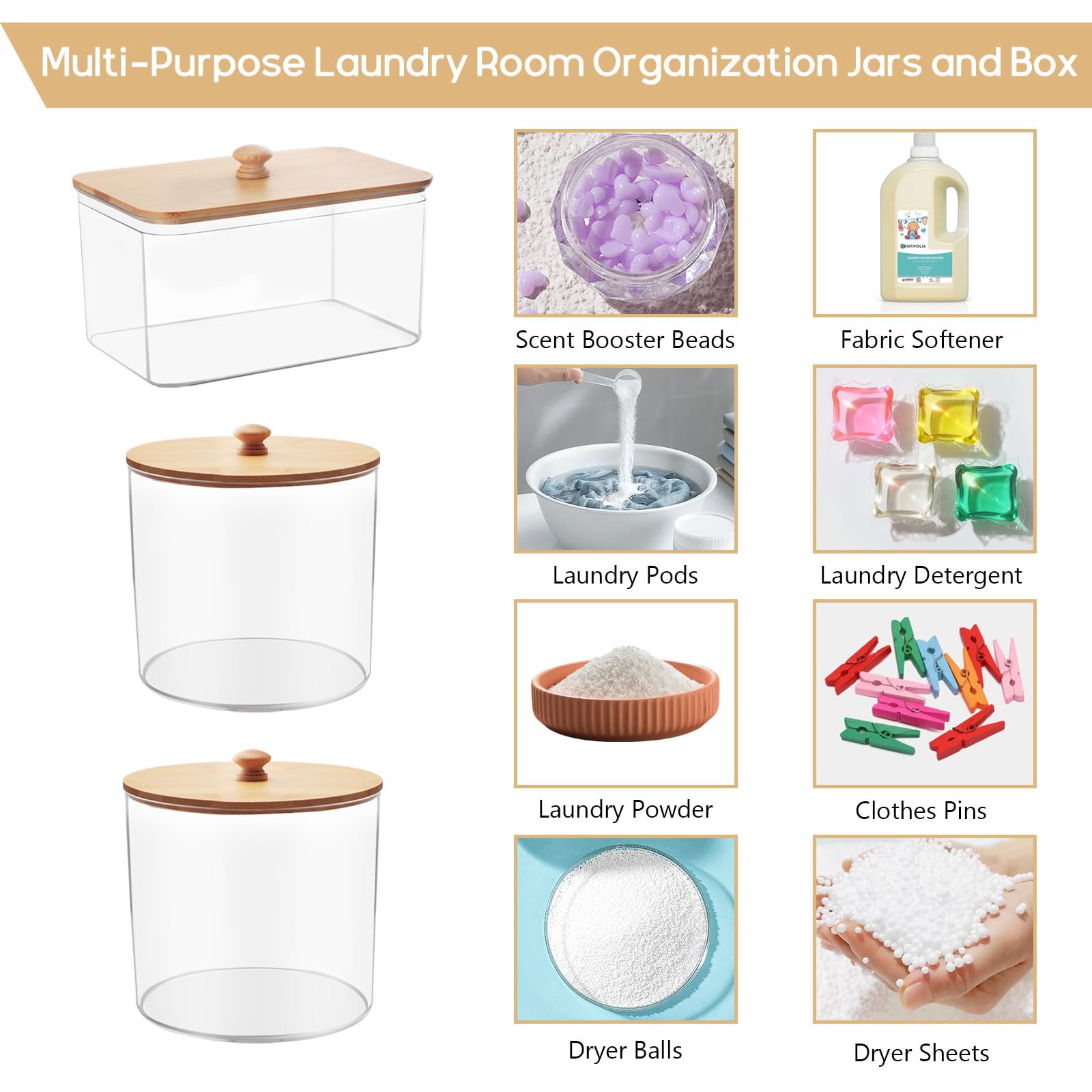 3 Pack Laundry Powder Container & Dryer Sheet Holder, Large Acrylic Laundry Room Organization and Storage Jars with Lids, Labels and Scoops, Laundry Organizer for Pods, Soap, Detergent, Scent Booster