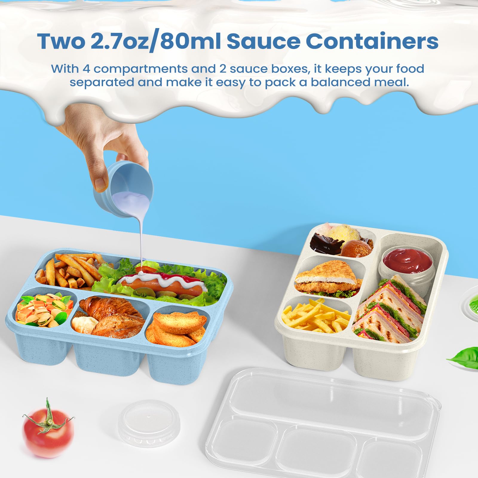 Yumuk Bento Box Adult Lunch Box (4 Pack) - 4-Compartment Snackle Box Container Bento Box for Kids/Adults, 44Oz/1300ML Meal Prep Containers Reusable with 2 Sauce Containers & Utensils (Wheat)