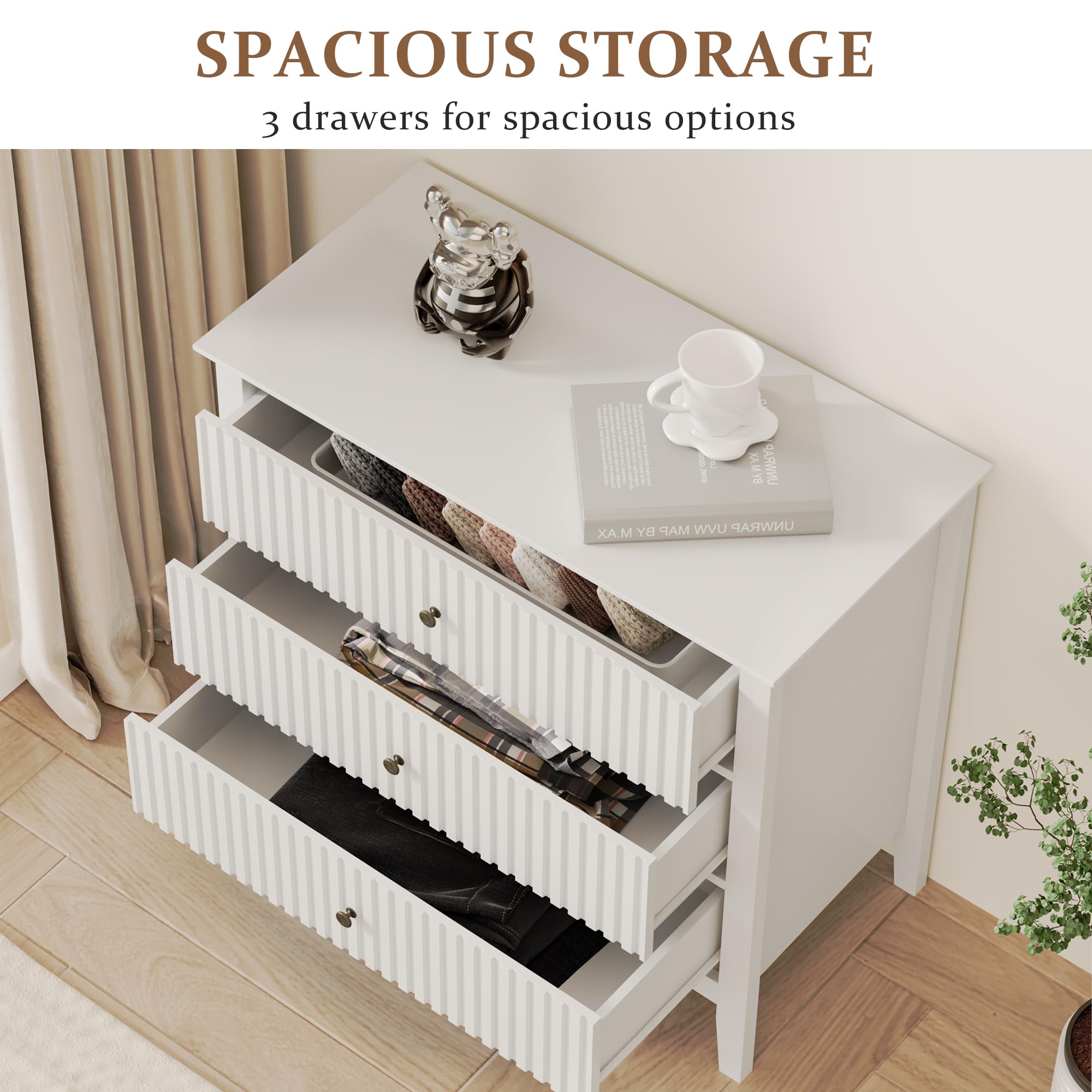 May in Color White 3 Drawer Dresser, Painted 30 Inch Tall Wood Nightstand with Storage, Wide Modern Chest of Drawers with Ball Bearing Slide for Bedroom Hallway Living Room Entryway Office