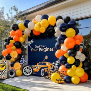 Race Car Balloon Arch - Blue Black Yellow Balloons Double Stuffed Black White Sand Yellow Balloons Navy Blue Orange Beige Balloon Garland Kit for Race Car Fire Truck Birthday Baby Shower Party Decor