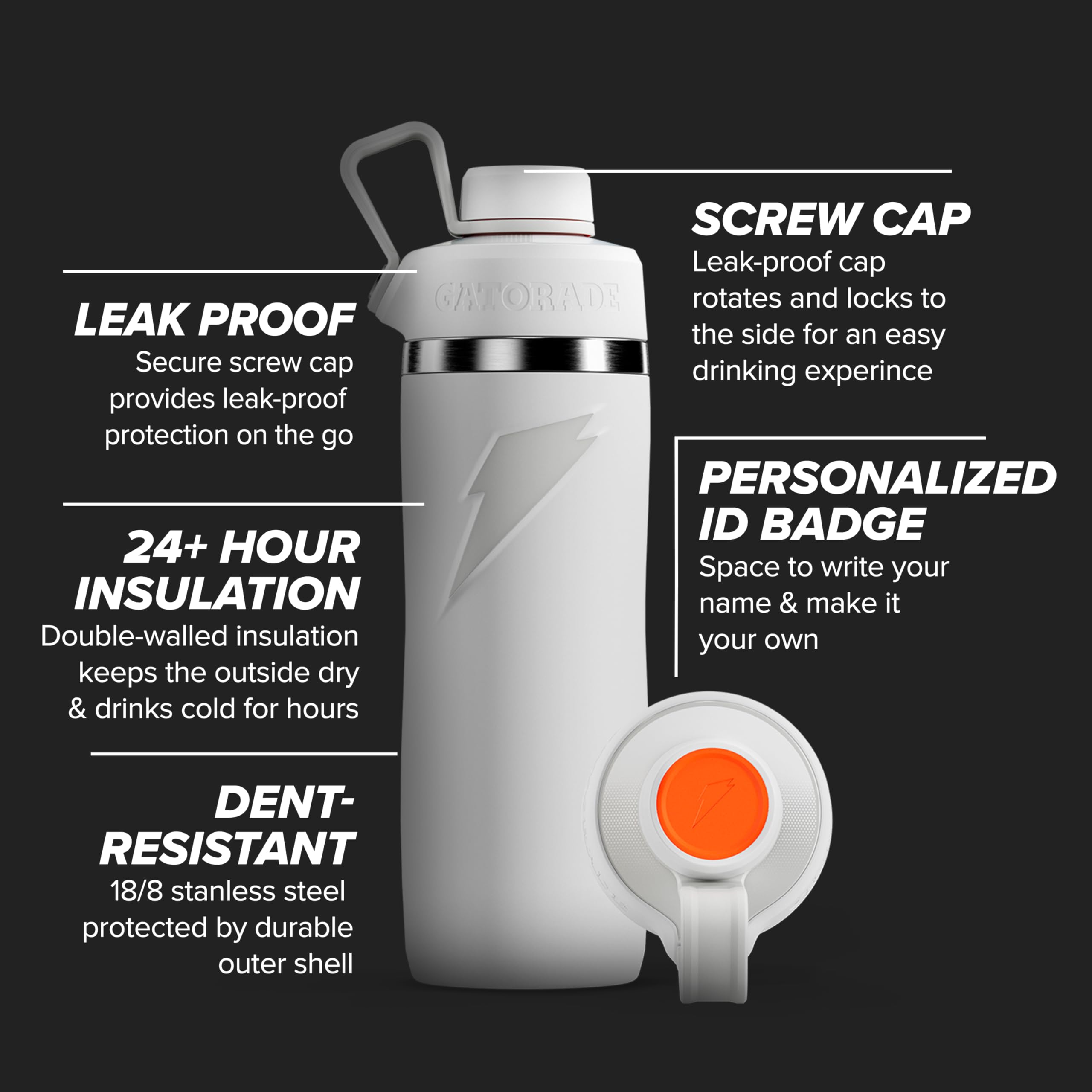 Gatorade Overtime 22 oz Stainless Steel Bottle, Twist Cap, Grey, 24+ Hour Insulation