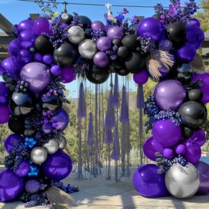 Purple Black Silver Balloon Garland - Double Stuffed Dark Purple Black Balloons Metallic Purple Silver Balloons Lavender Lilac Balloon Arch Kit for Birthday Baby Shower Anniversary Wedding Party Decor