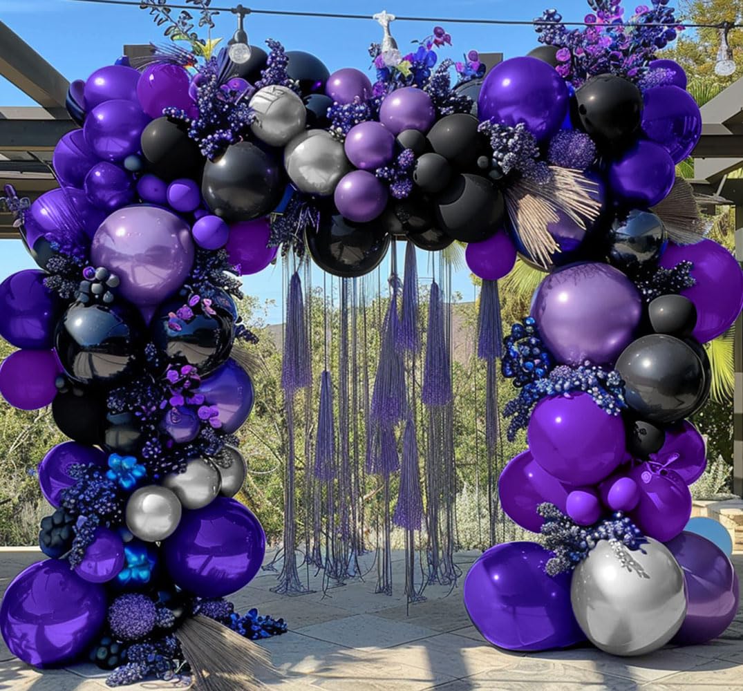 Purple Black Silver Balloon Garland - Double Stuffed Dark Purple Black Balloons Metallic Purple Silver Balloons Lavender Lilac Balloon Arch Kit for Birthday Baby Shower Anniversary Wedding Party Decor