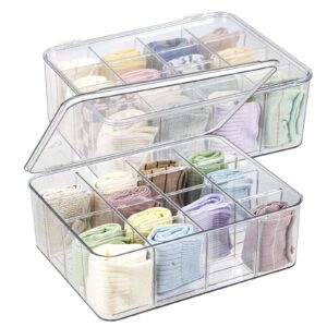 zexalor plastic clear storage containers, set of 2, sock organizer divided boxes with lids, underwear drawer organizer, tie organizer, dresser organizer (11.8×9.4×3.9")