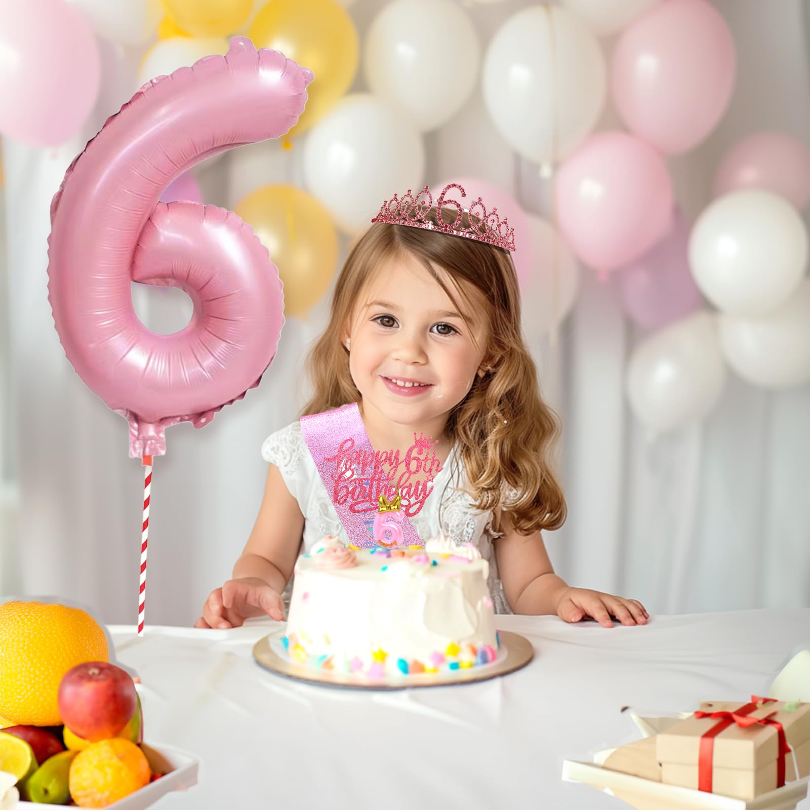 Llivseet 6th Pink Birthday Decorations Girl Includes Birthday Sash and Tiara Crown for Girls,Number Balloon & Candle,Birthday Cake Topper, 6 Year Old Girl Birthday Gifts Ideas Party Favor Supplies