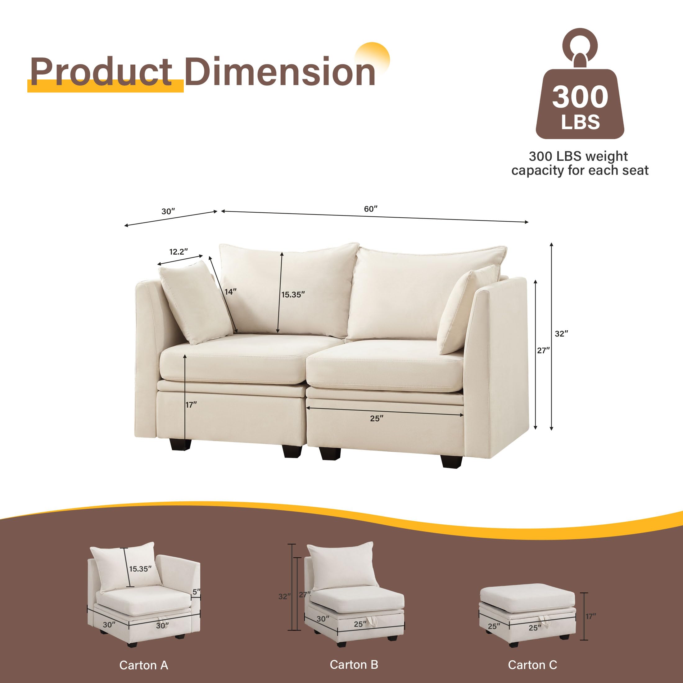 JMYMRY Modular Sectional Sofa, Convertible Sofa Couch with Storage, Flexible Modular Combinations Fabric Couch for Living Room (Beige, Ottoman Module)