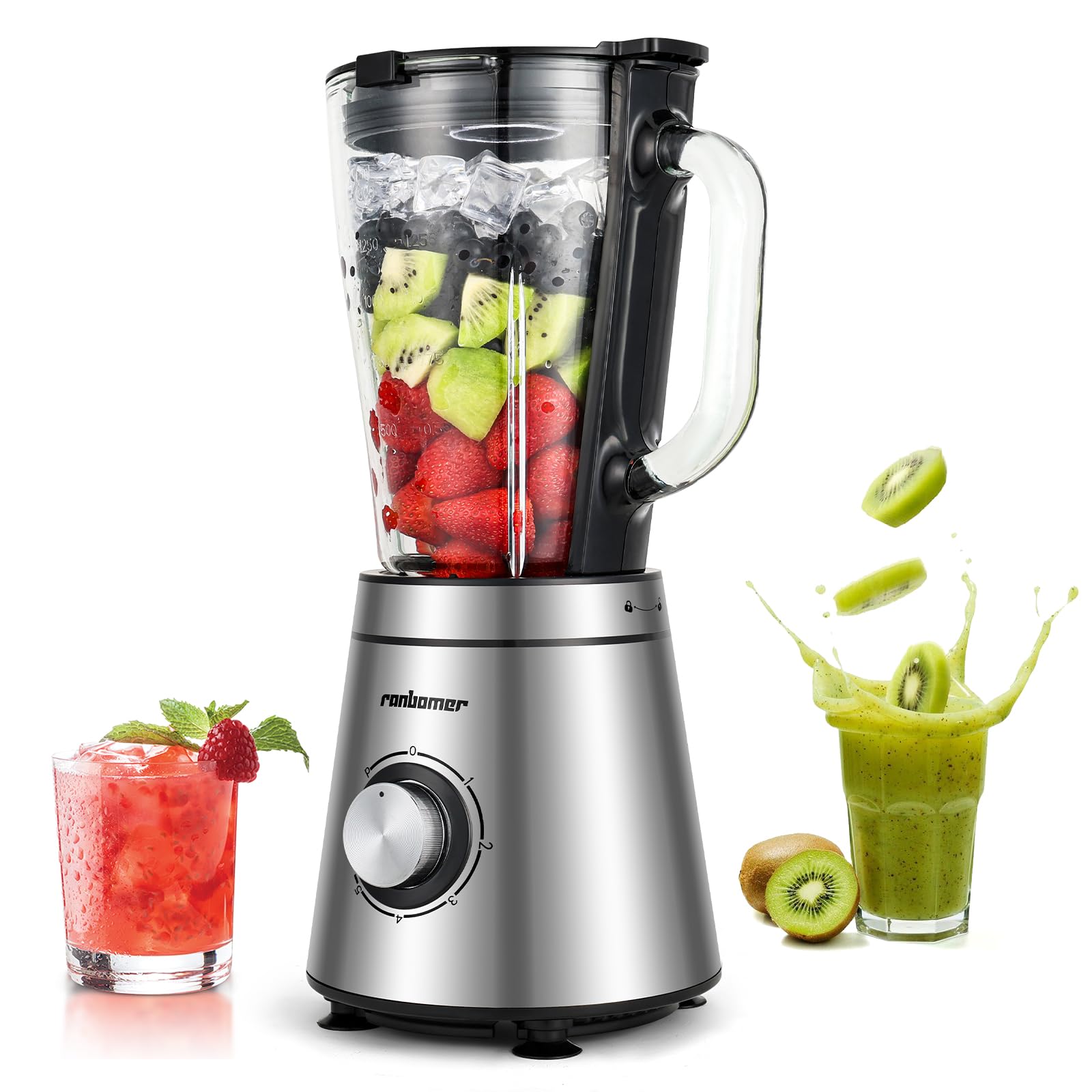 Ranbomer Blender,Blenders for Kitchen,Glass Blender for Shakes and Smoothies,crush ice,51oz Glass Jar,Simple Speed Dial,Black.