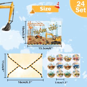 WERNNSAI Construction Thank You Cards - 24 PCS Construction Party Supplies Dump Truck Greeting Cards with Envelopes Stickers Appreciation Thank You Notes for Boys Kids Birthday Party Baby Shower