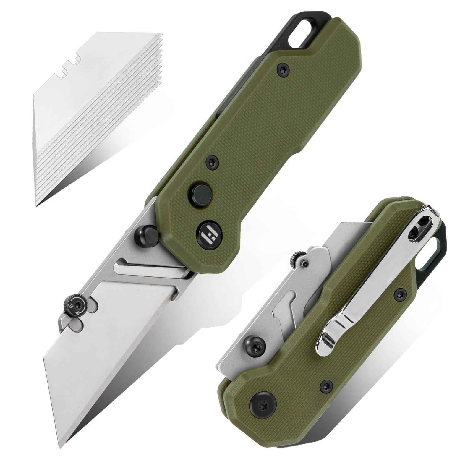 HIGHTRON Vectron Folding Utility Knife Box Cutter,Box Cutter Knife,Pocket Carpet Knife,Razor Knife with G10 Handle&Belt Clip,Quick-change Blade,Utility Pocket EDC Knife with 10 Extra SK2 Blades(Green)