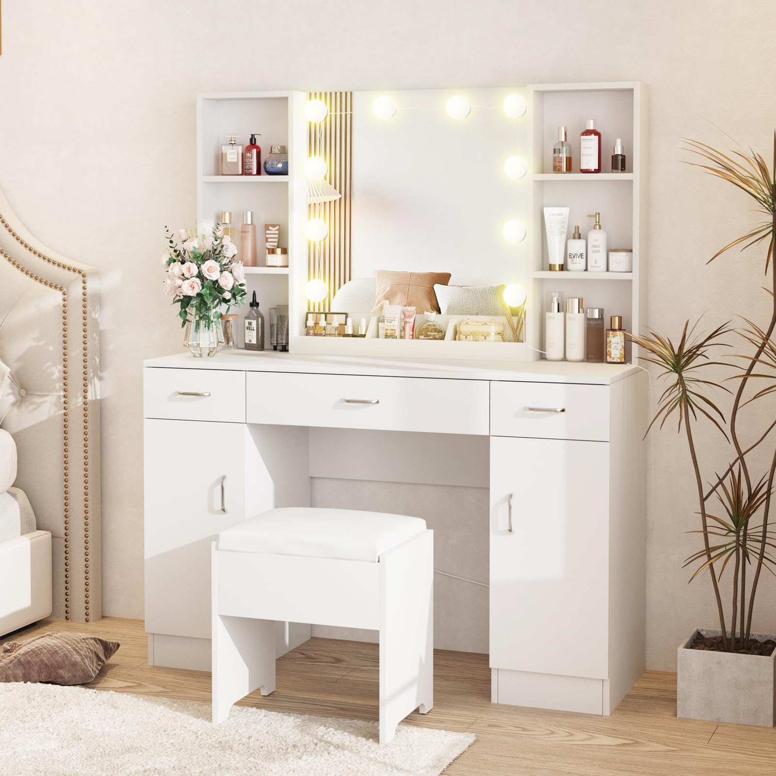 Vabches Vanity with Lighted Mirror, Large Vanity Desk Makeup Vanity Table Set with Comfortable Bench and Side Cabinets, Lots Storage, 45.2inch, White