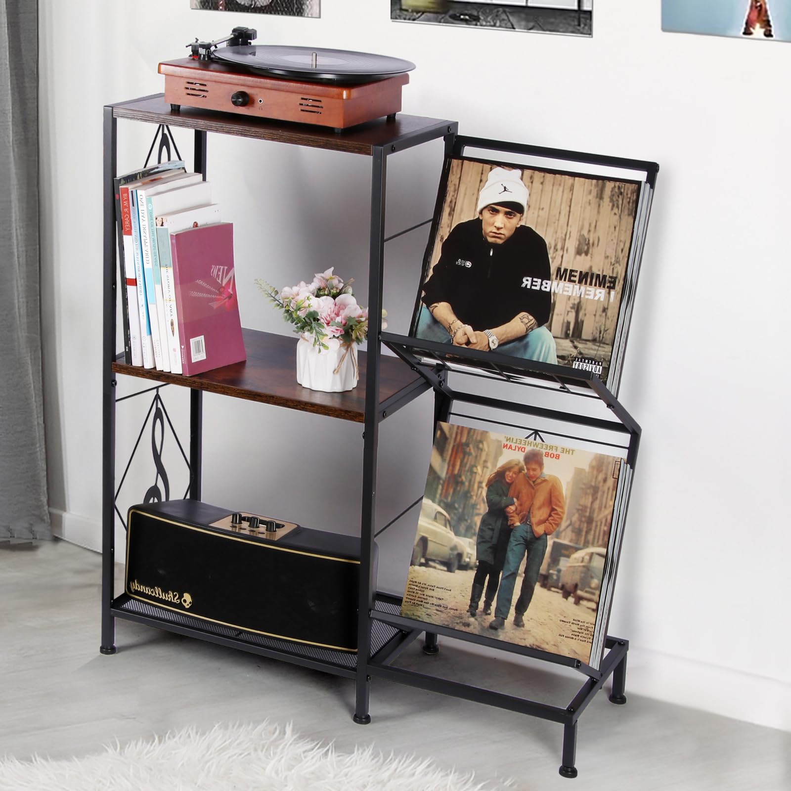 Record Player Stand, Record Player Table with Vinyl Record Storage, Turntable Stand with 2-Tier Vinyl Display Shelf & Metal Frame, Vinyl Record Holder for Living Room, Rustic Brown