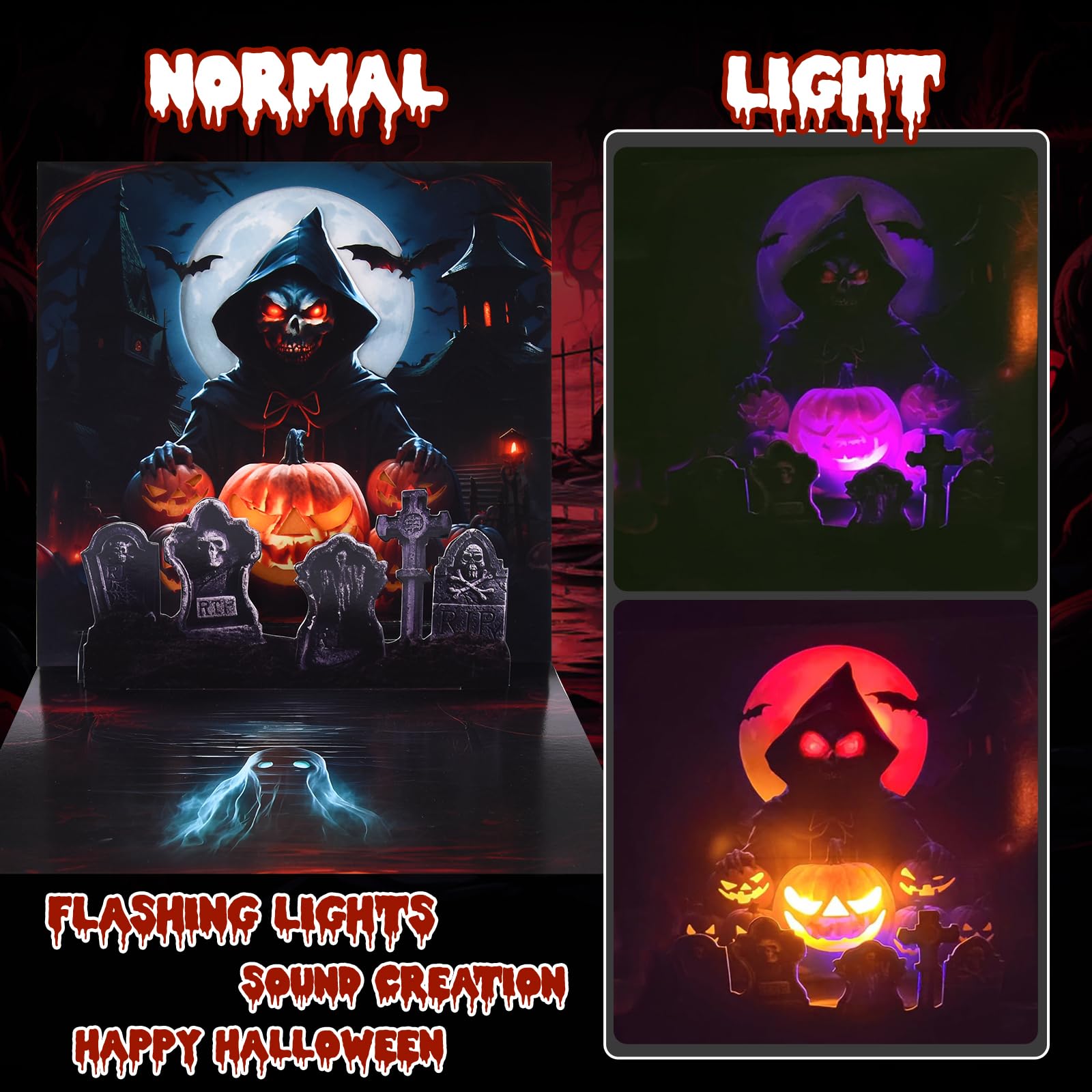 VIVIKEN Pop Up Halloween Cards, 3D Popup Happy Halloween Greeting Card with Lights and Horror Sounds - Glowing Skull, Pumpkin, Tombstone, Moon - Includes Envelope and Note Card