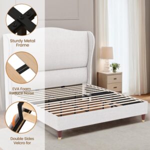 HALLYBEE 51.4" H King Size Bed Frame with Headboard Lined Fabric Upholstered Platform Bed Frame Wingback Design Chic and Elegant Bed Frame No Box Spring Needed, Mattress Foundation, White