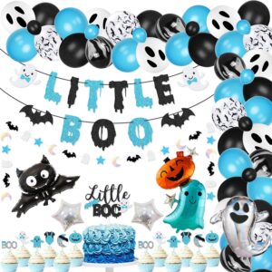 92 packs blue black little boo party kit little boo banner cake topper halloween ghost bat balloons for blue and black halloween boy baby shower decorations