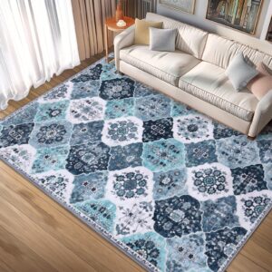 flyruggo area rugs, 5x7 washable boho throw rug indoor, moroccan trellis bohemian ultra soft large non-slip carpet for living room dining room office bedroom (001-blue white/multi, 5x7)