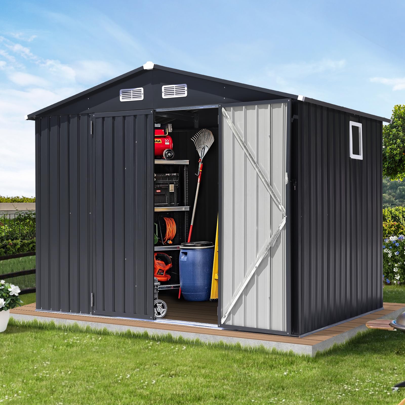 Verano Garden 8'x6' Outdoor Storage Shed, Galvanized Metal Steel Garden Shed with Upgrade Window, Double Door W/Lock, Bike Storage for Backyard, Patio, Lawn (96.85"x63.39"x77.56")