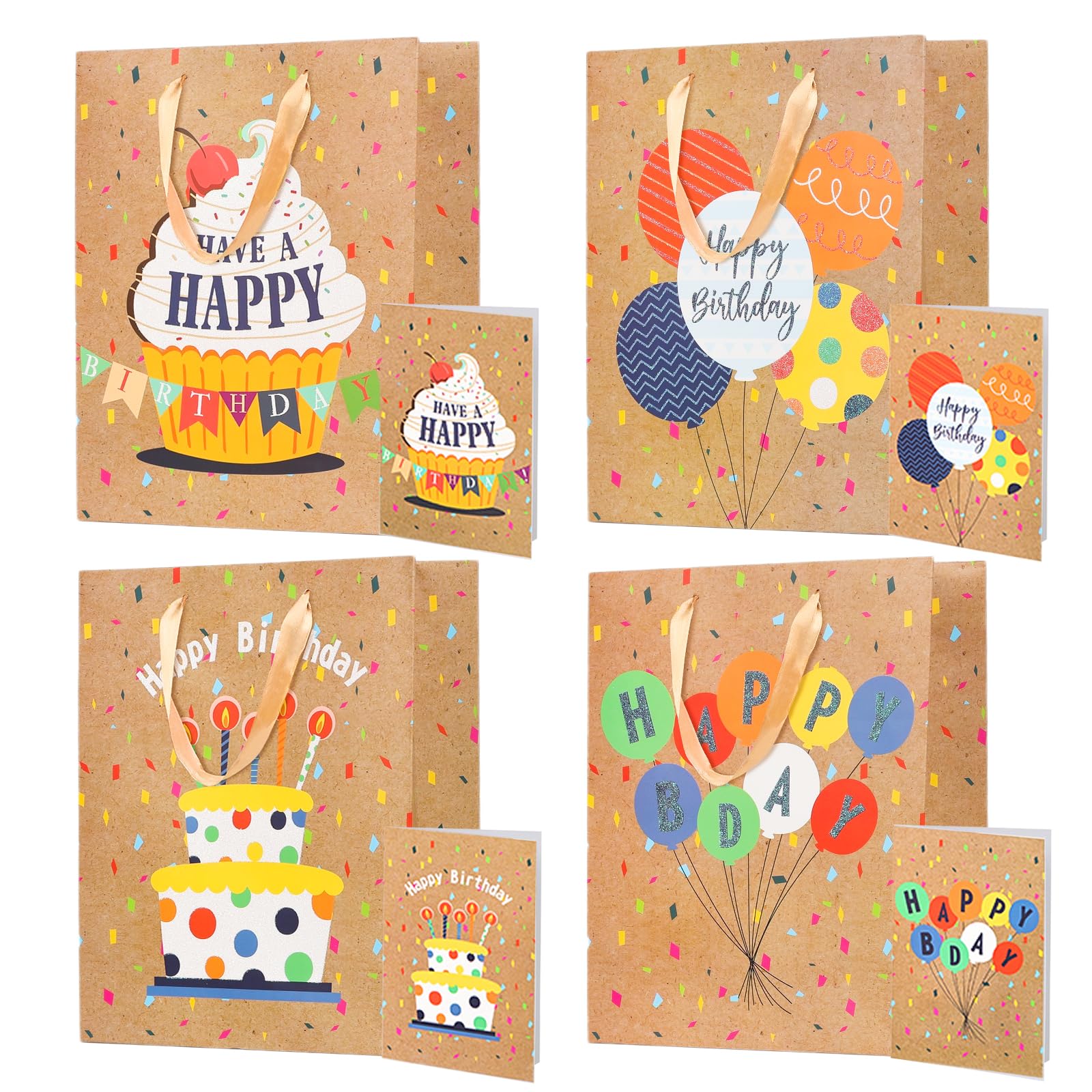 Dimetey 4Pcs 13'' Happy Birthday Gift Bags,4 Designs,Includes 4pcs Greeting Cards,Large Paper Birthday Gift Bag with Handles,Ideal for Kids Adults Birthday Party