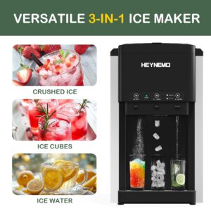 HEYNEMO Nugget Ice Maker Countertop, 3 in 1 Ice Dispenser for Ice Making, Ice Crushing & Ice Water, Water Cooler, 44lbs in 24Hrs, 12 Ice Cubes in 6 Mins, Ideal for Home, Kitchen, RV