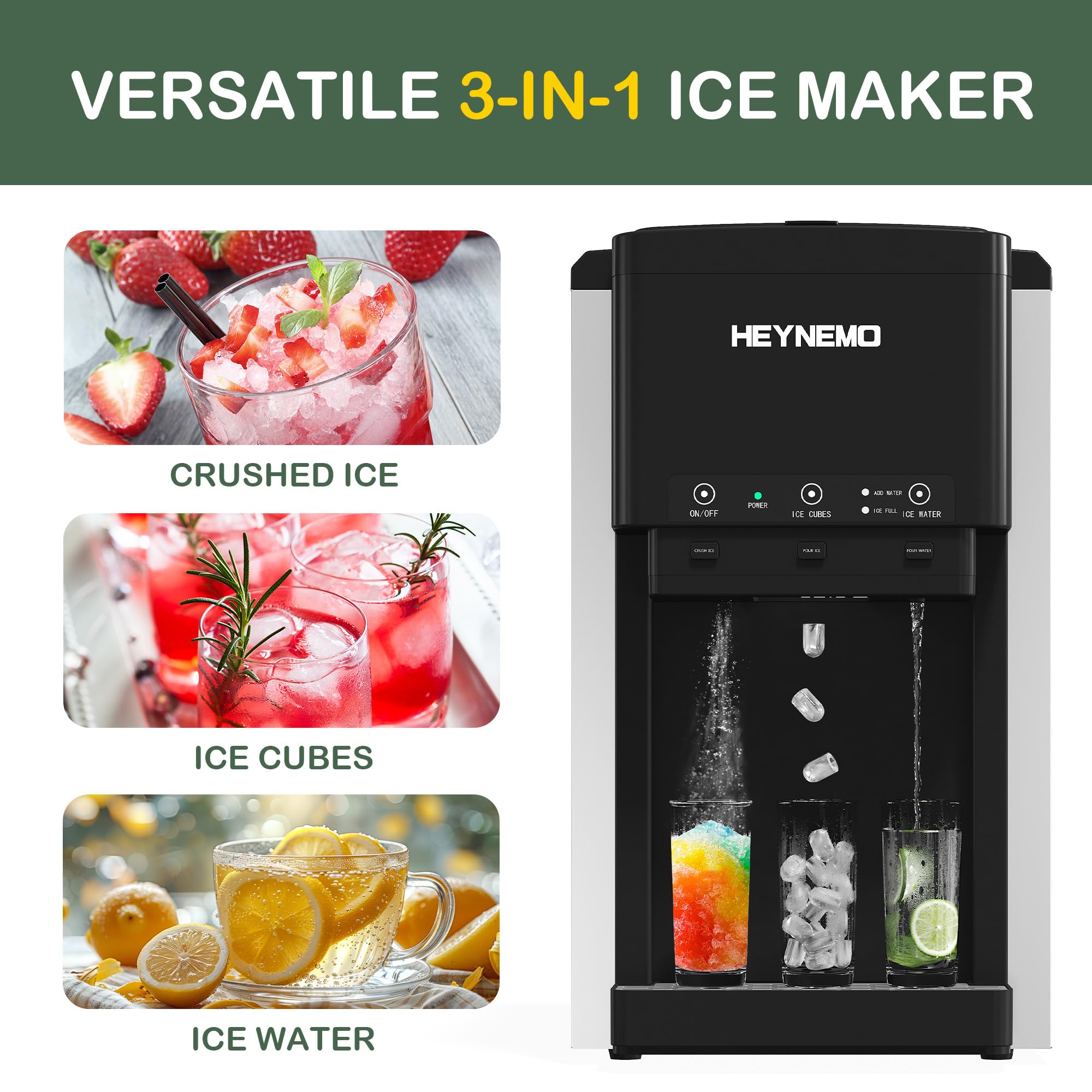 HEYNEMO Nugget Ice Maker Countertop, 3 in 1 Ice Dispenser for Ice Making, Ice Crushing & Ice Water, Water Cooler, 44lbs in 24Hrs, 12 Ice Cubes in 6 Mins, Ideal for Home, Kitchen, RV