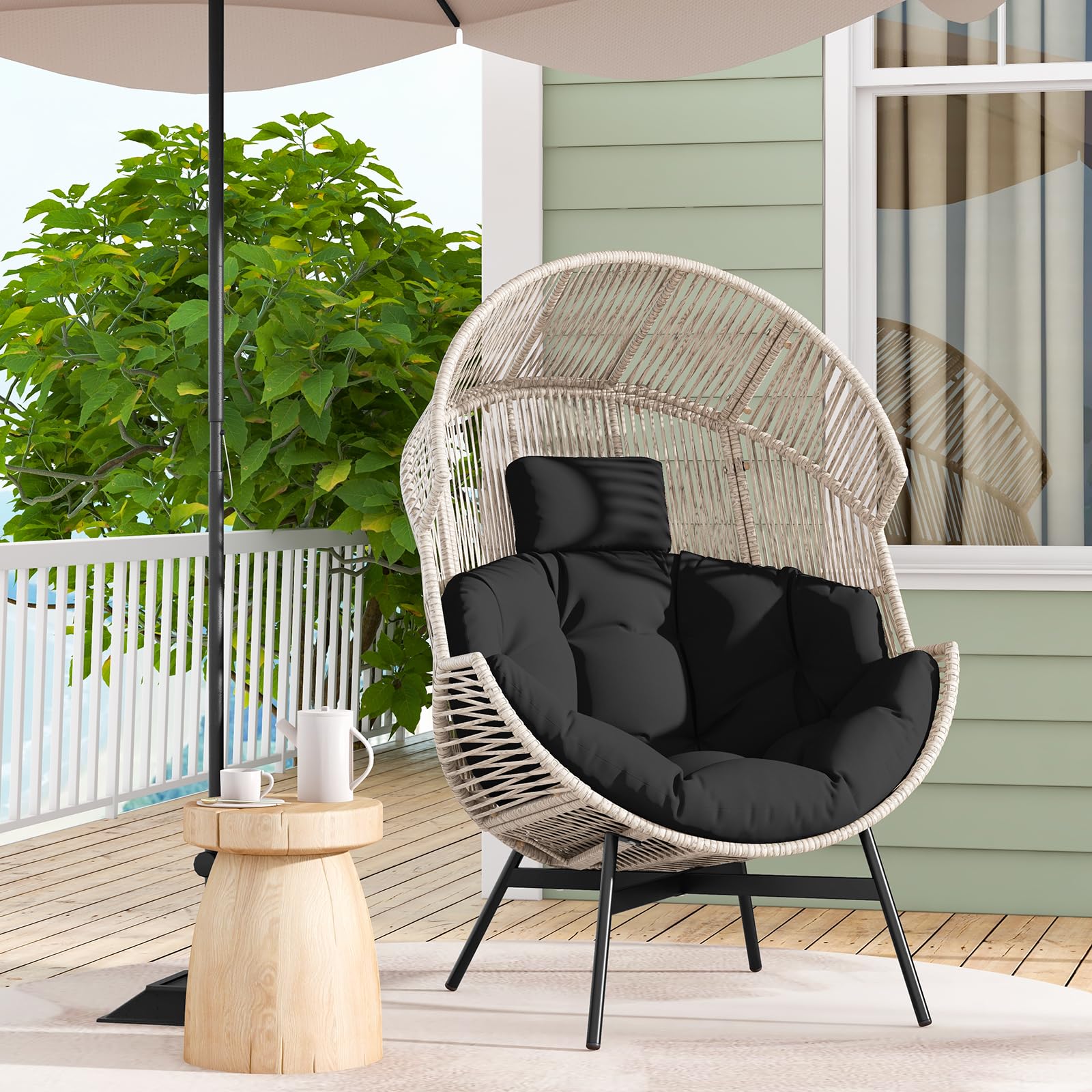 Tangkula Oversized Egg Style Chair, Wicker Stationary Patio Egg Chair w/Cushions & Headrest, Heavy-Duty Metal Frame, Patio Lounge Basket Sofa Chair for Yard, Porch, Living Room