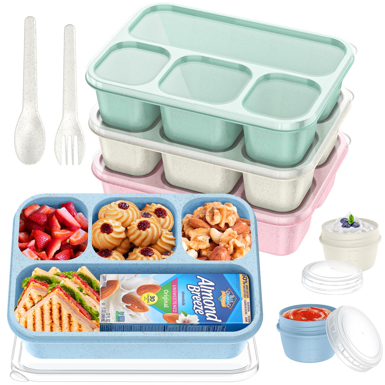 Yumuk Bento Box Adult Lunch Box (4 Pack) - 4-Compartment Snackle Box Container Bento Box for Kids/Adults, 44Oz/1300ML Meal Prep Containers Reusable with 2 Sauce Containers & Utensils (Wheat)