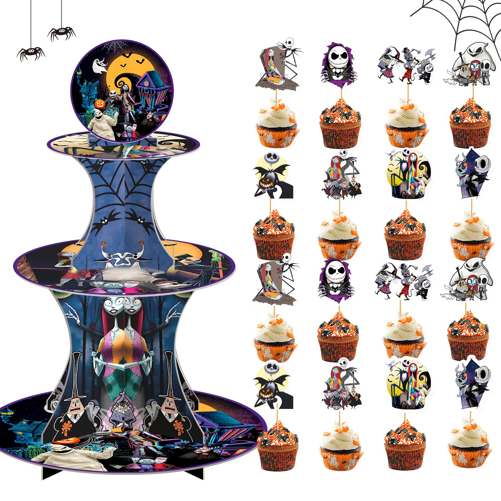 Nightmare Before Christmas Cupcake Stand 3 Tier Halloween Cupcake Stand with Nightmare Before Christmas Cupcake Toppers for Nightmare Before Christmas Birthday Decorations Halloween Birthday Decor