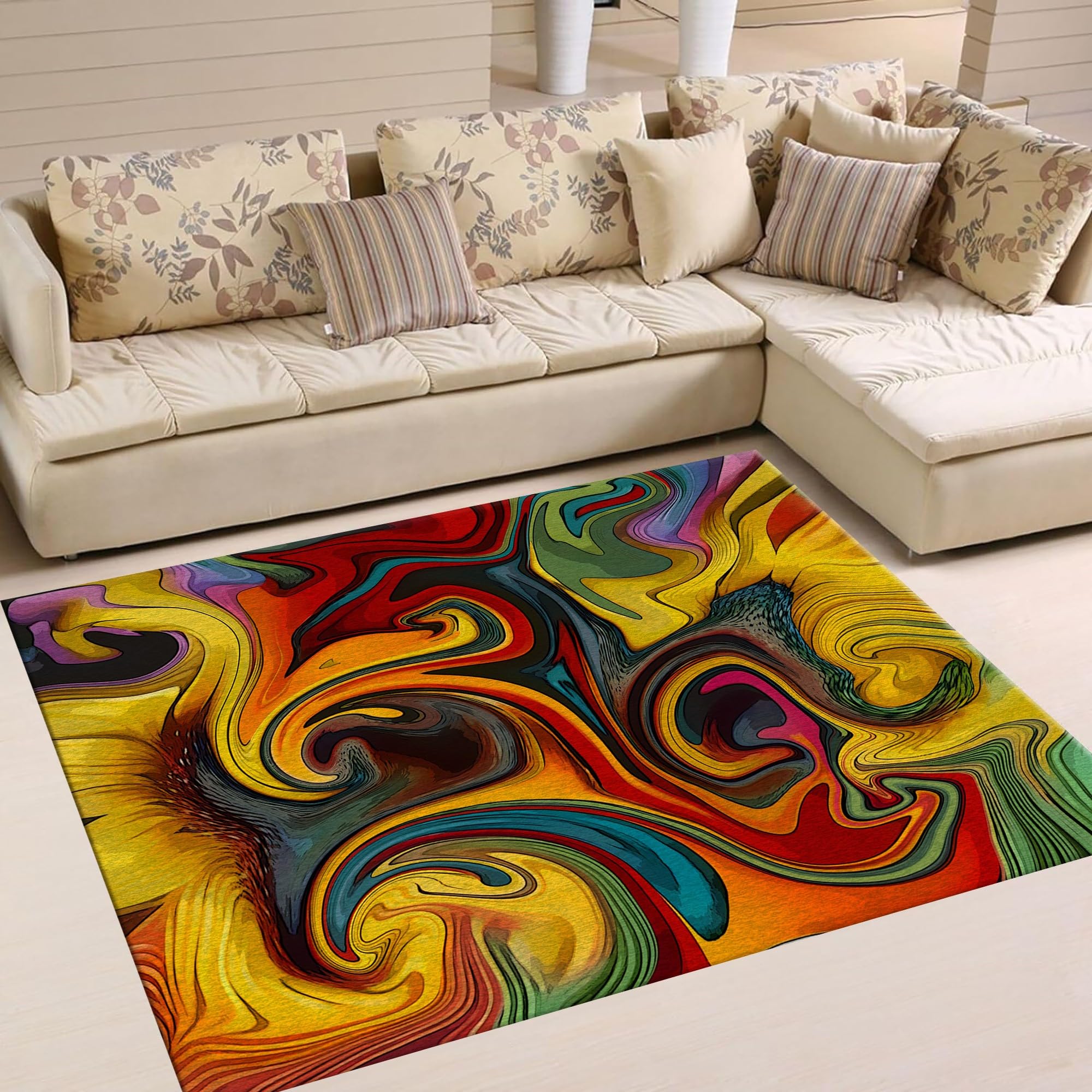 USHIRUG Modern Abstract Area Rug, 6x8ft, Contemporary Stylish Red Blue Yellow Colorful Swirl Pattern Rug Floor Mat, Modern Swirl Watercolor Non-Shedding Living Room Bedroom Kitchen Rug