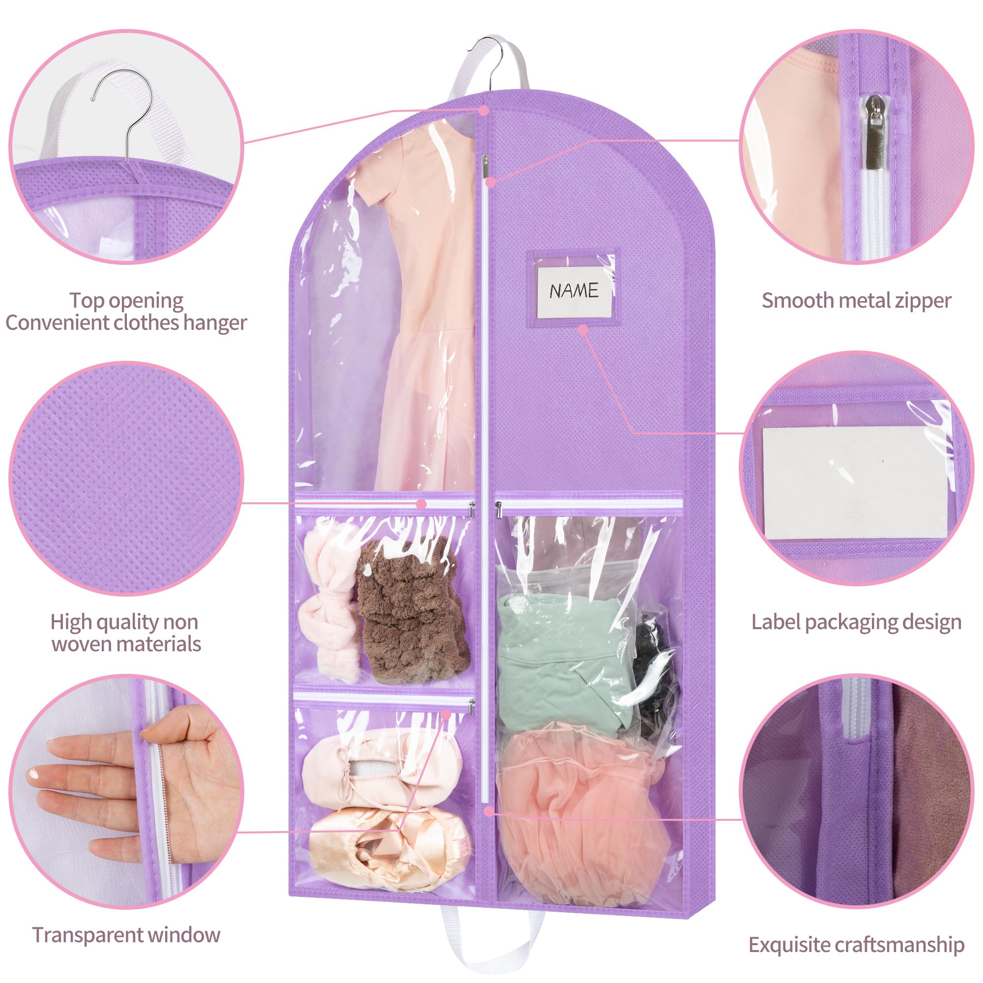 Linodes Dance Costume Bags Garment Bag 40'' for Dance Travel/Competition Storage with 4 Medium Clear Zipper Pockets and 1 Large Back Zipper Pocket-Fabric & PVC (Purple-Fabric & PVC, 40''- 3 Pack)