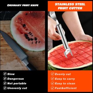 2Pcs 2024 New Watermelon Cutter, 2-in-1 Stainless Steel Fruit Knife Watermelon Fork Slicer Cutter Slicer Tool Dual Head Fruit Forks Slicer Knife Summer Portable Fruit Cutting Knife Fork (2, Silver)