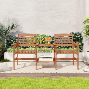 Tangkula Outdoor Patio Loveseat with Table, Wood 2-Seat Conversation Set with Coffee Table and Umbrella Hole, Outdoor Furniture Set for Garden Poolside Backyard Balcony Porch Deck (Natural)