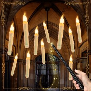 halloween decorations - 12pcs floating candles with wand remote, magic hanging, battery operated flickering warm light flameless led taper candles for table indoor outdoor birthday christmas party