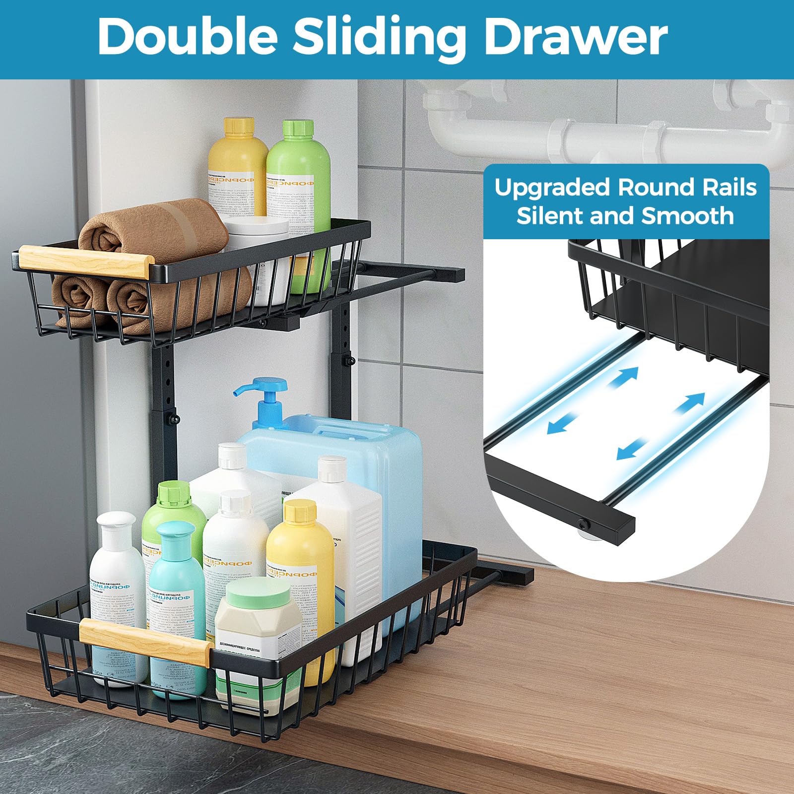 Under Sink Storage Organizer, 2 Tier Pull Out Sliding Under Sink Organizers and Storage Shelf Drawers for Bathroom Kitchen, 2 Pack Metal Adjustable Kitchen Bathroom Under Cabinet Organizer Storage.