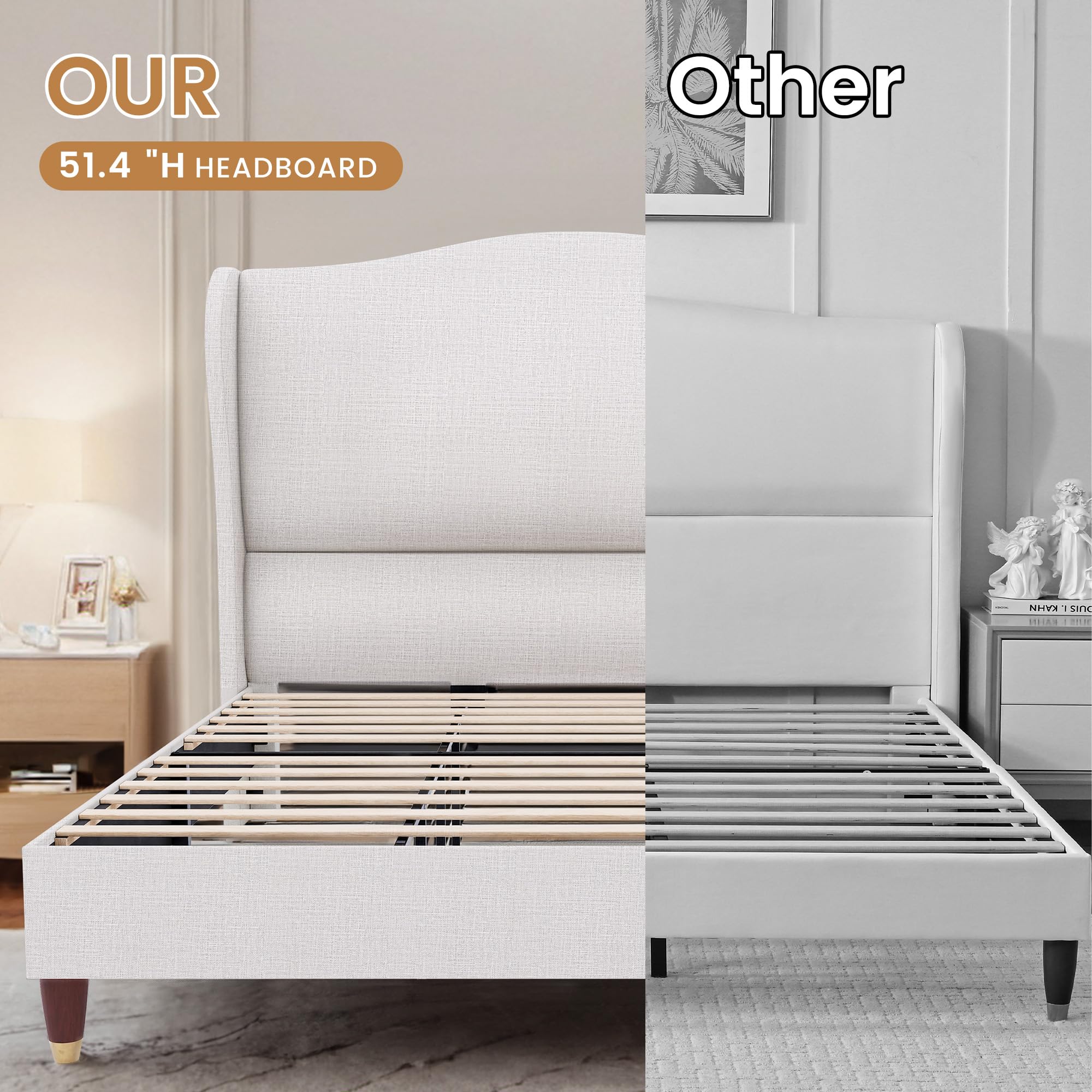 HALLYBEE 51.4" H King Size Bed Frame with Headboard Lined Fabric Upholstered Platform Bed Frame Wingback Design Chic and Elegant Bed Frame No Box Spring Needed, Mattress Foundation, White