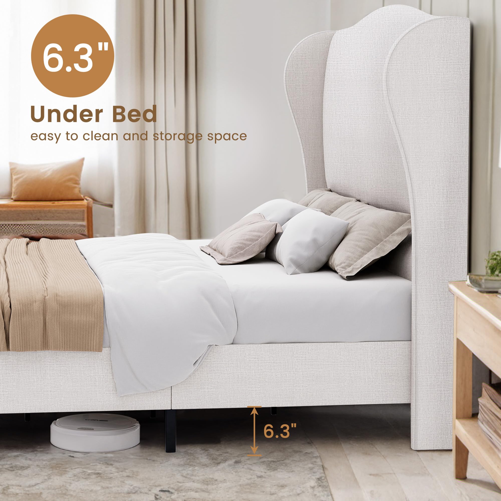 HALLYBEE 51.4" H King Size Bed Frame with Headboard Lined Fabric Upholstered Platform Bed Frame Wingback Design Chic and Elegant Bed Frame No Box Spring Needed, Mattress Foundation, White