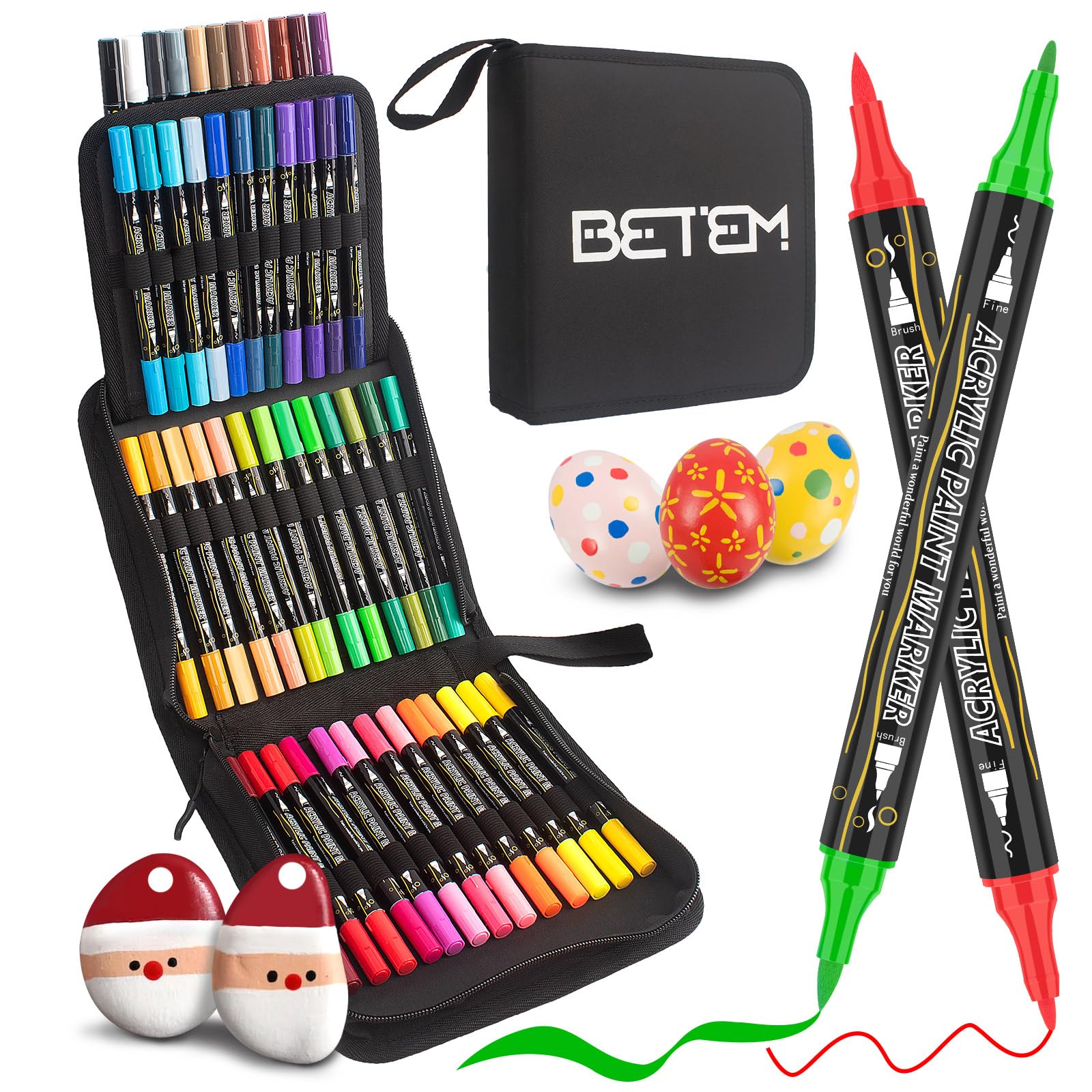 Betem 48 Colors Paint Markers Acrylic Paint Pens, Dual Tip with Brush Tip and Fine Tip, Art Supplies for Rock Painting, Wood, Canvas, Stone, Glass, Ceramic, DIY Crafts Making Drawing Kit with Bag