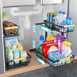 under sink storage organizer, 2 tier pull out sliding under sink organizers and storage shelf drawers for bathroom kitchen, 2 pack metal adjustable kitchen bathroom under cabinet organizer storage.