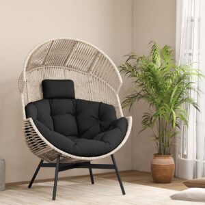 Tangkula Oversized Egg Style Chair, Wicker Stationary Patio Egg Chair w/Cushions & Headrest, Heavy-Duty Metal Frame, Patio Lounge Basket Sofa Chair for Yard, Porch, Living Room