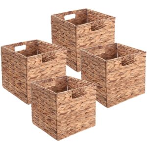 set of 4 wicker storage basket, woven baskets for storage, foldable wicker storage basket for shelf, cube storage bin for shelves, water hyacinth laundry organizer square shelf baskets, 12''x12''x12''