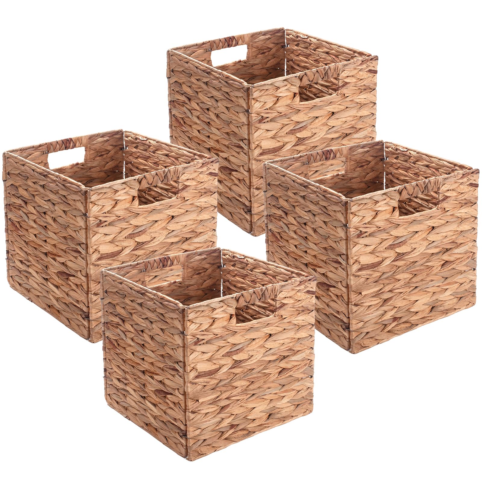 Set of 4 Wicker Storage Basket, Woven Baskets for Storage, Foldable Wicker Storage Basket for Shelf, Cube Storage Bin for Shelves, Water Hyacinth Laundry Organizer Square Shelf Baskets, 12''x12''x12''