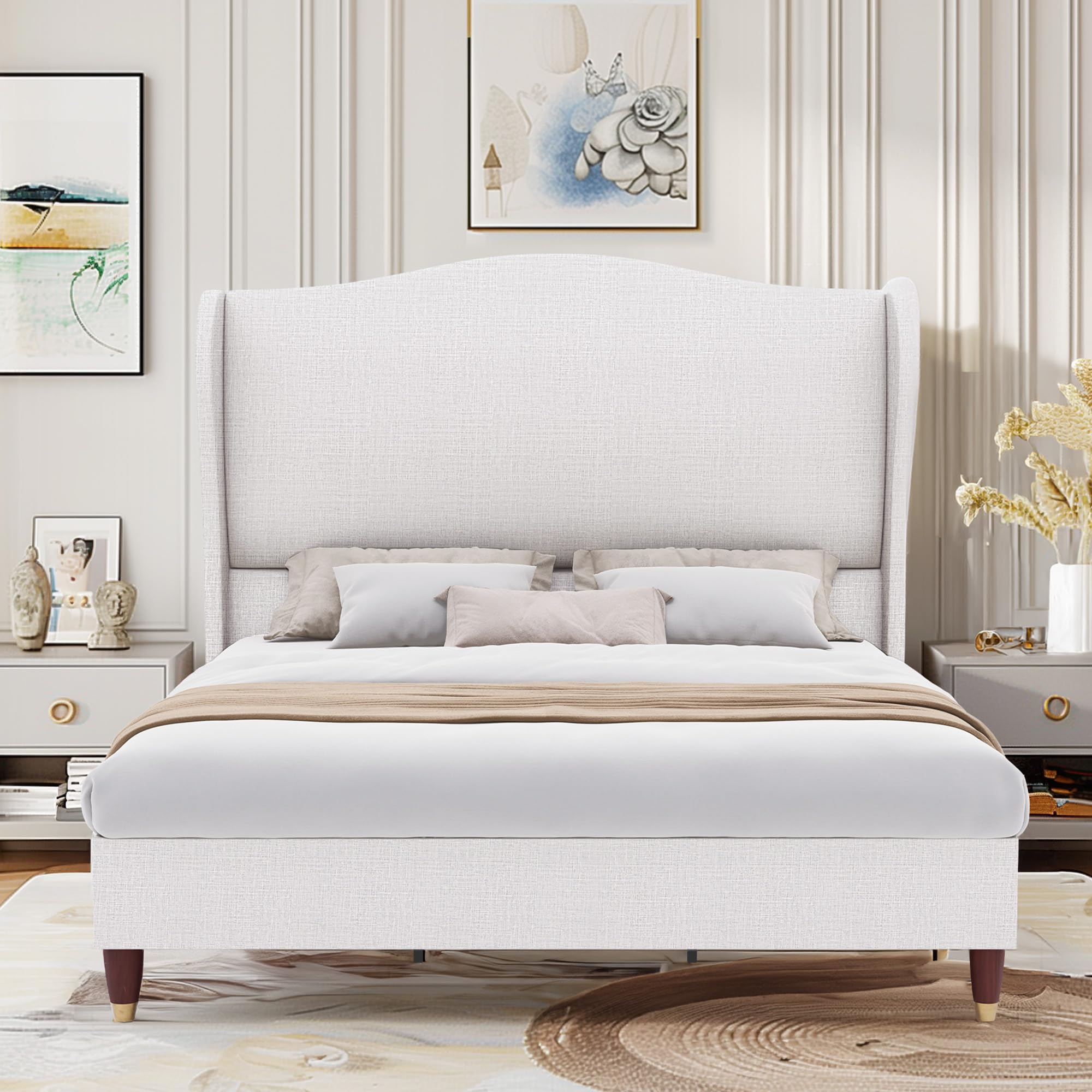 HALLYBEE 51.4" H King Size Bed Frame with Headboard Lined Fabric Upholstered Platform Bed Frame Wingback Design Chic and Elegant Bed Frame No Box Spring Needed, Mattress Foundation, White