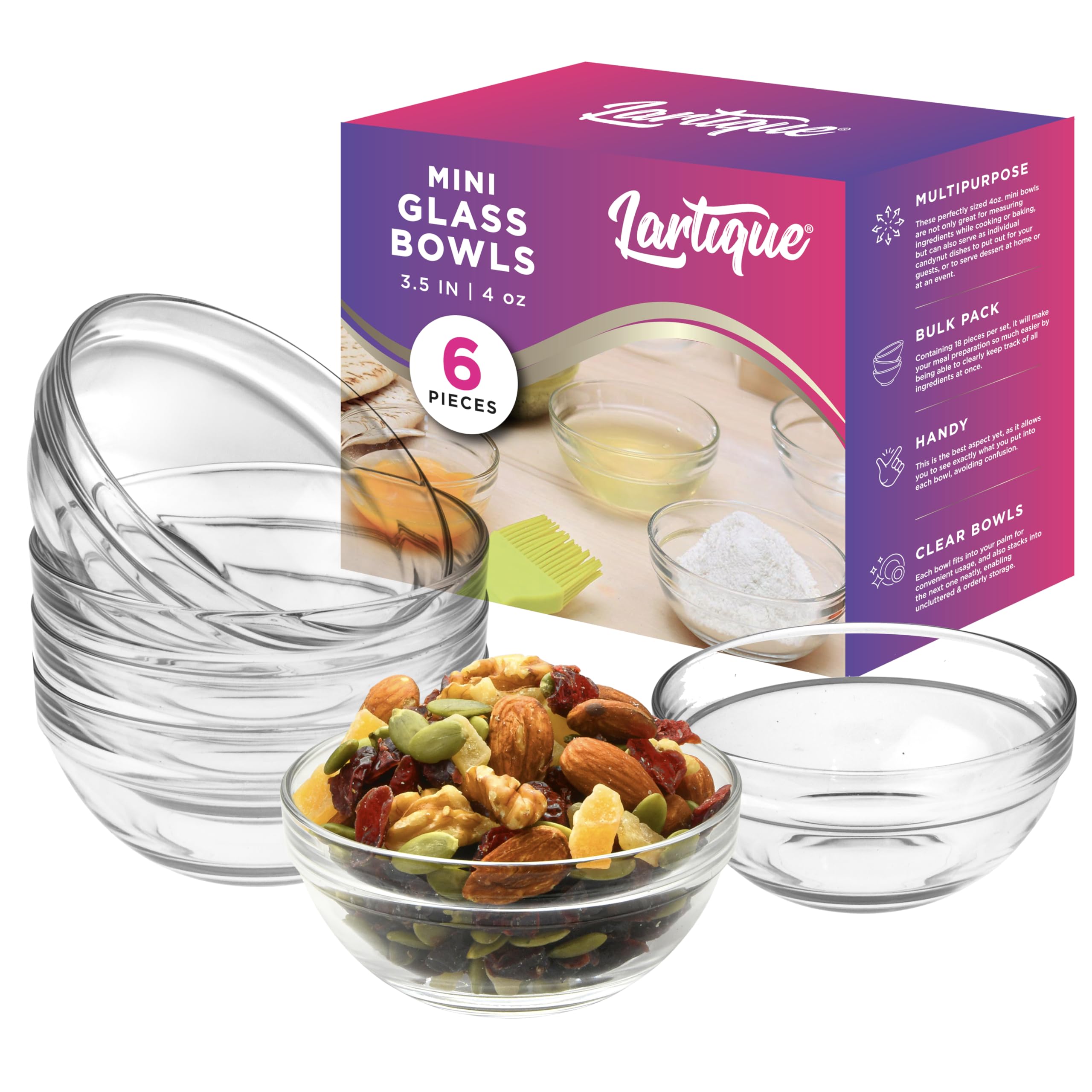 Lartique Mini 3.5 Inch Small Glass Bowls - Small Bowls Perfect for Prep, Dips, Nuts, or Candy - Meal Prep Bowls or Dessert Bowls, Set of 6