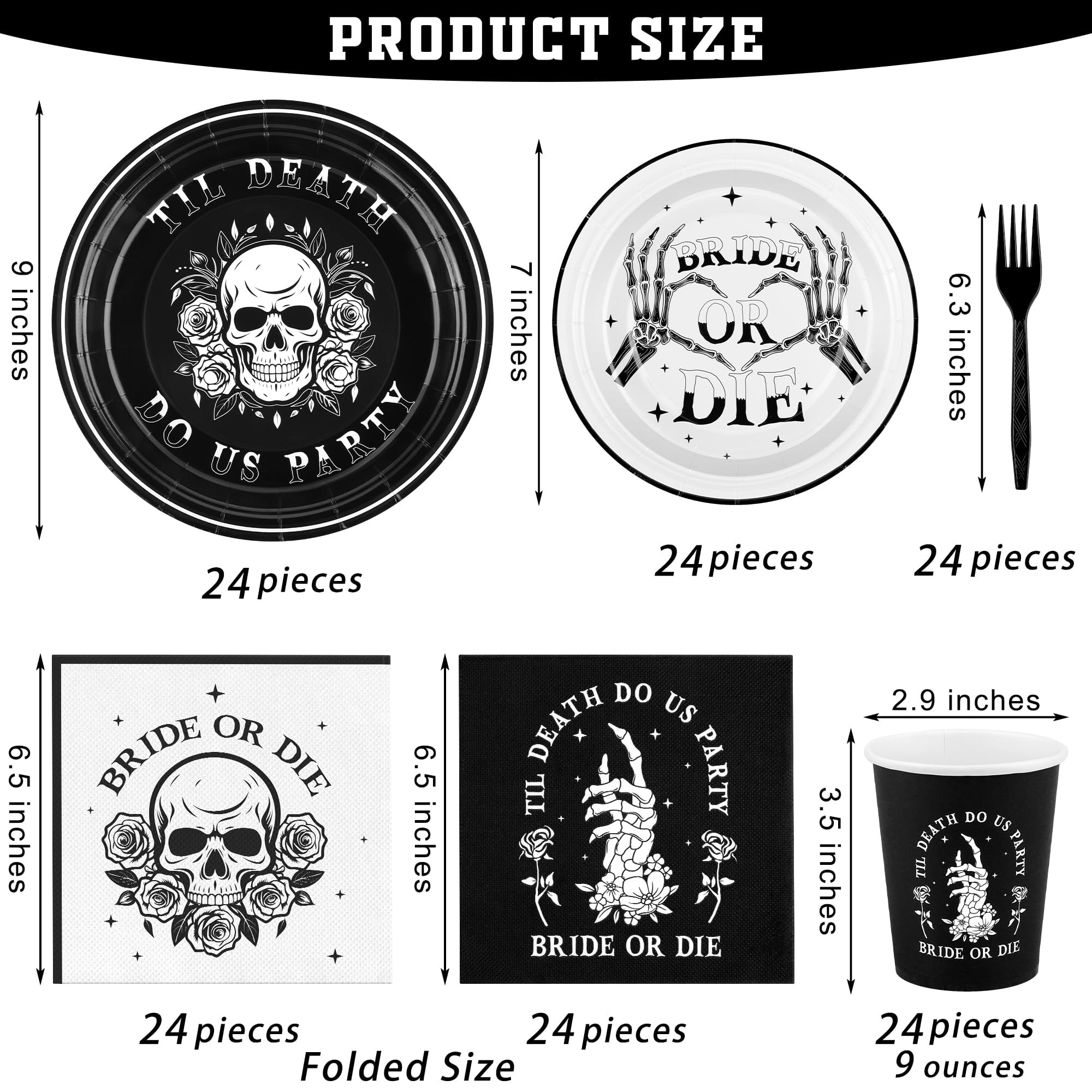 durony 144 Pieces Bride or Die Paper Plates and Napkins Dinnerware Set Halloween Party Tableware Includes Paper Plates Napkins Forks Serve 24 for Bachelorette and Halloween Party Supplies