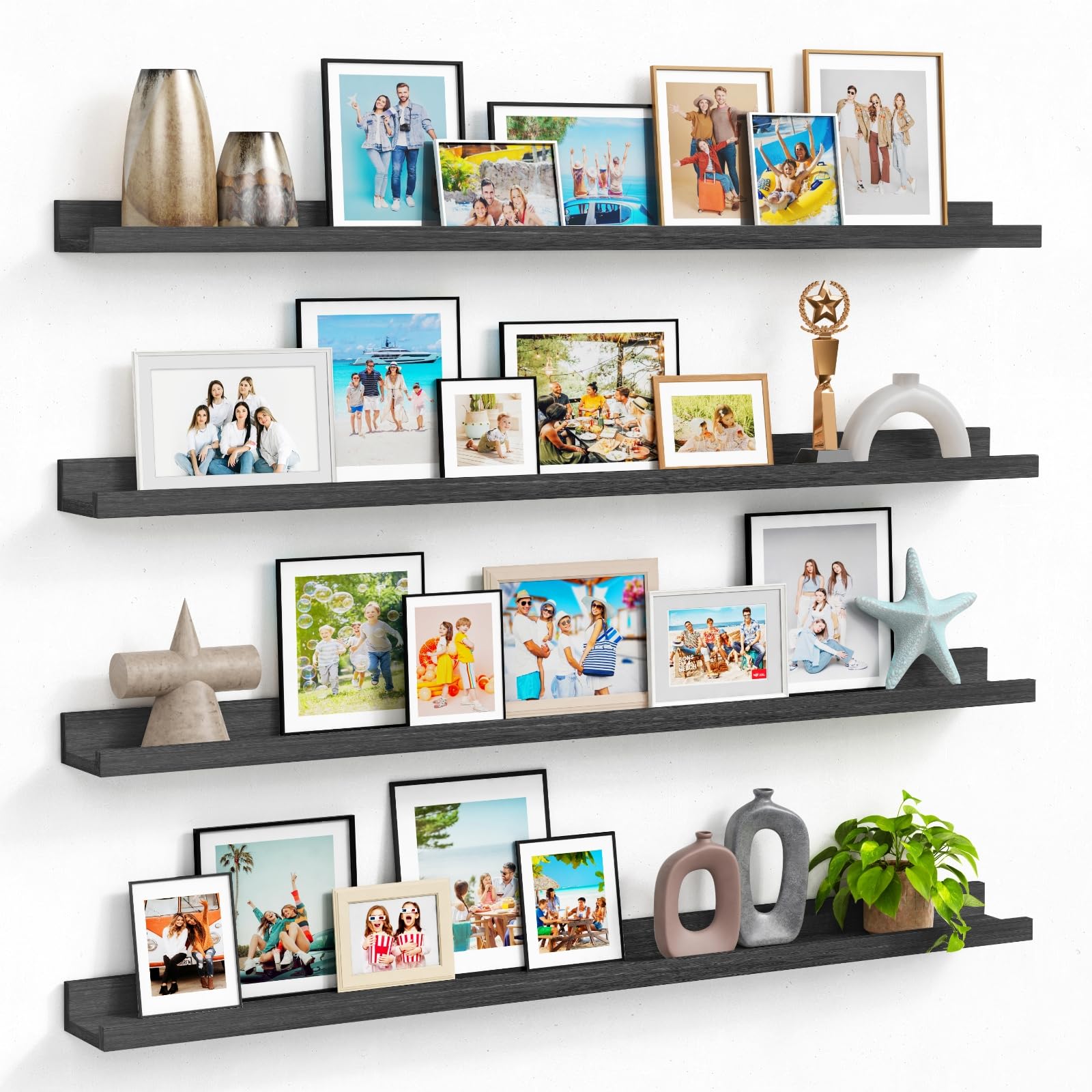 Forbena Picture Ledge Shelf 48 Inch Long Set of 4, Black Floating Shelves with Lip for Living Room Wall, Narrow Wall Mounted Display Shelves for Bedroom Photo Frame, Collectibles, Figures, Lego