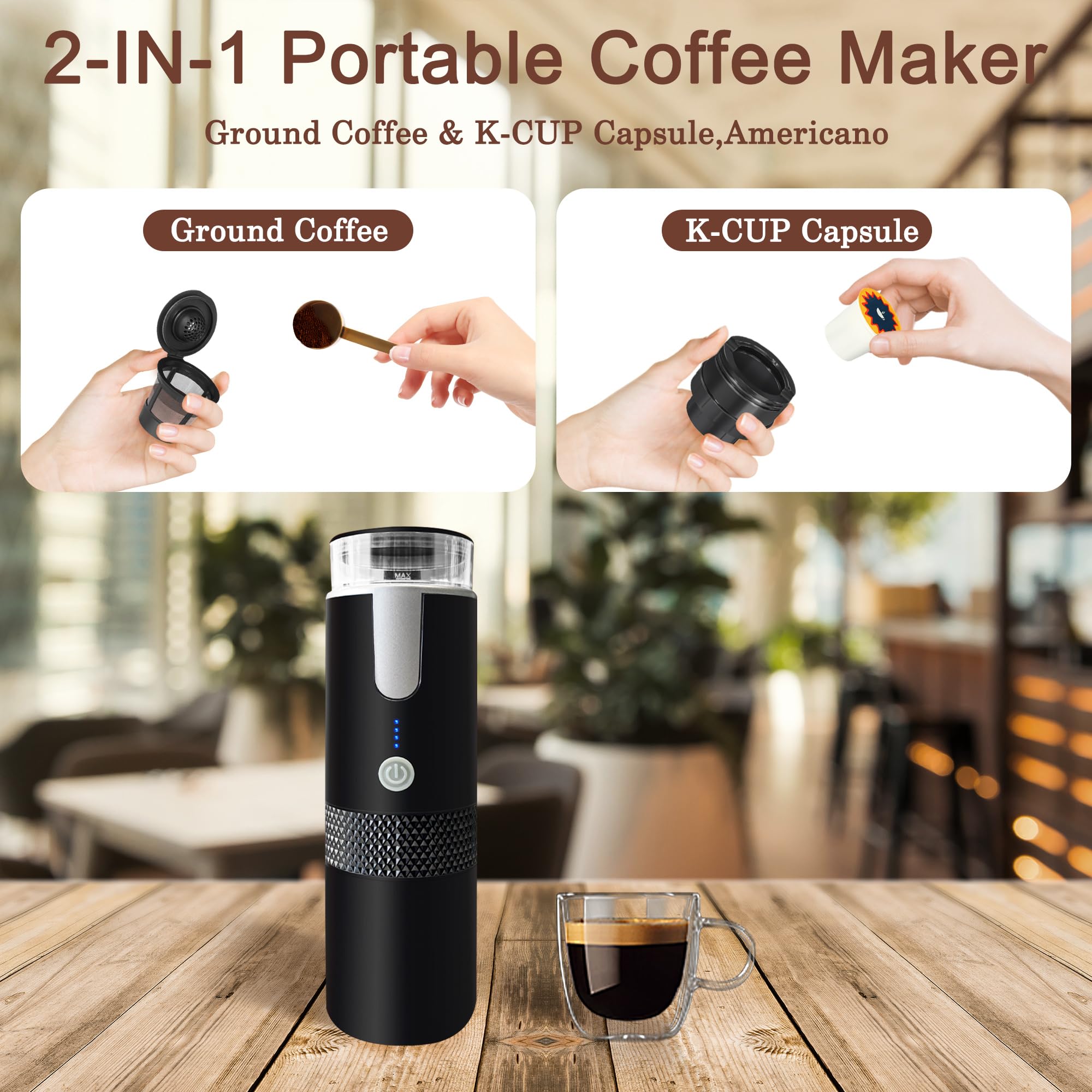 LumoShine Portable Coffee Machine, Mini K-CUP Coffee Maker, American Style Coffer Maker Compatible Ground Coffee, Hand Coffee Make, K Cup Capsules, Electric Operated for Camping Outdoor Travel Black