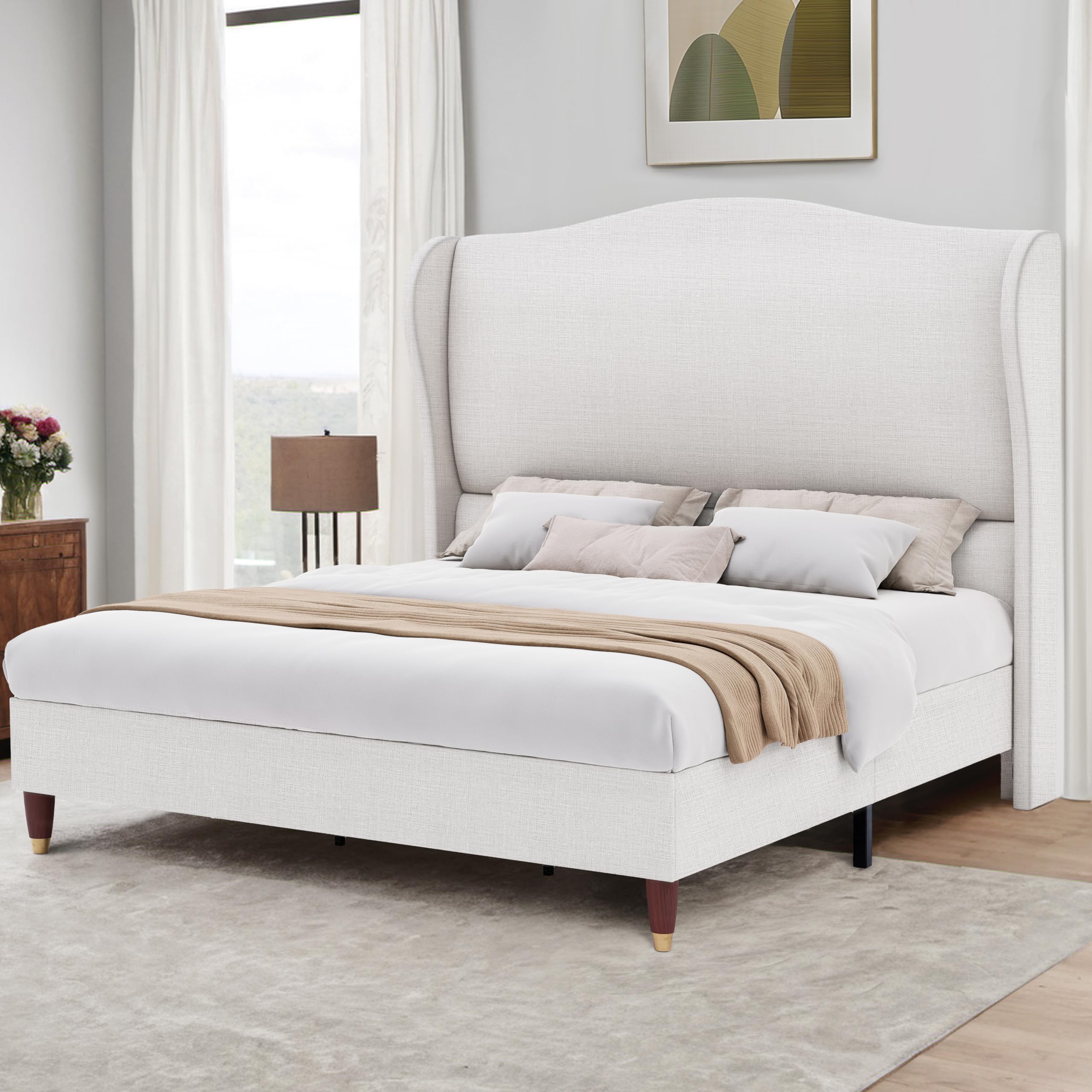 HALLYBEE 51.4" H King Size Bed Frame with Headboard Lined Fabric Upholstered Platform Bed Frame Wingback Design Chic and Elegant Bed Frame No Box Spring Needed, Mattress Foundation, White