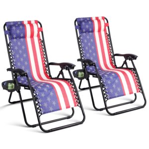 northroad set of 2 zero gravity lounge chairs adjustable steel mesh relaxing recliners outdoor folding patio lawn chair w/pillows & cup holder trays - american flag